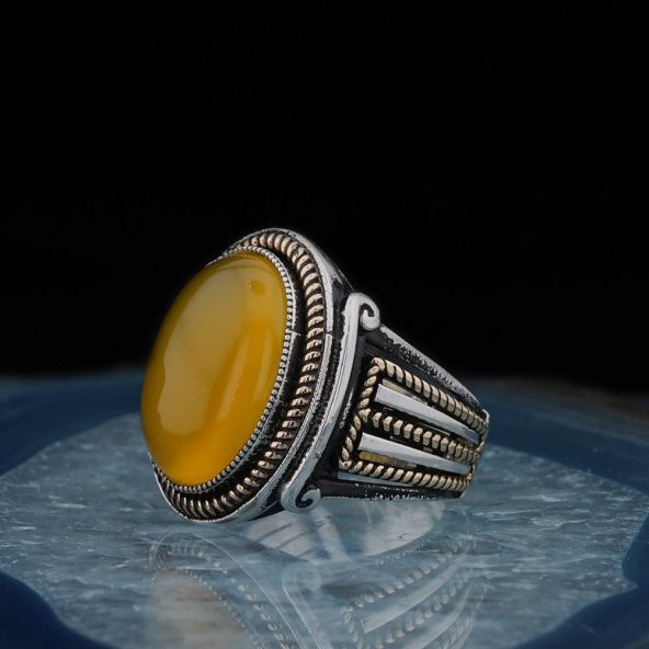 925 Ayar Gümüş Oval Sarı Akik Taşlı Erkek Yüzük ürün görseli