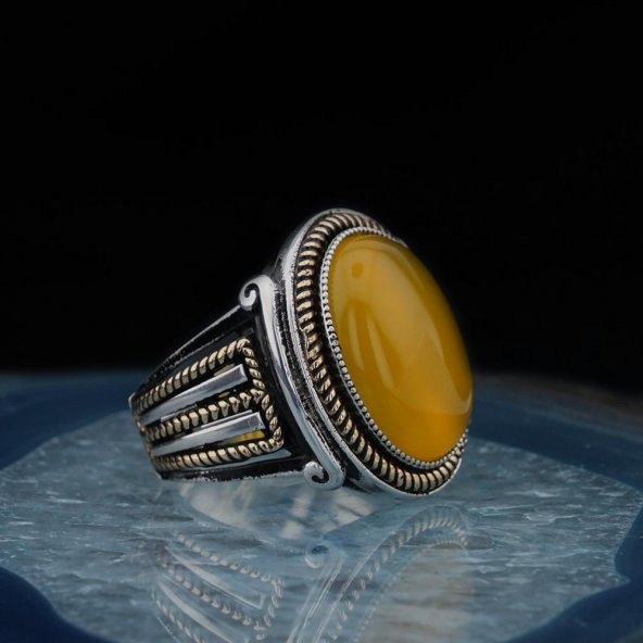 925 Ayar Gümüş Oval Sarı Akik Taşlı Erkek Yüzük - Resim 2