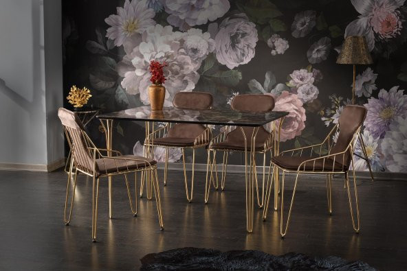 Sweet Home Sabit 80x120 Tel Masa High Mdf Kahve mermer Kaplama Gold Ayak +4 adet Çınar Sandalye Gold