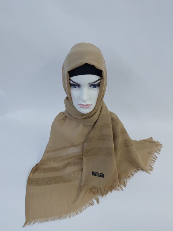 Desenli Keten Şal Krem B047-106 - 2