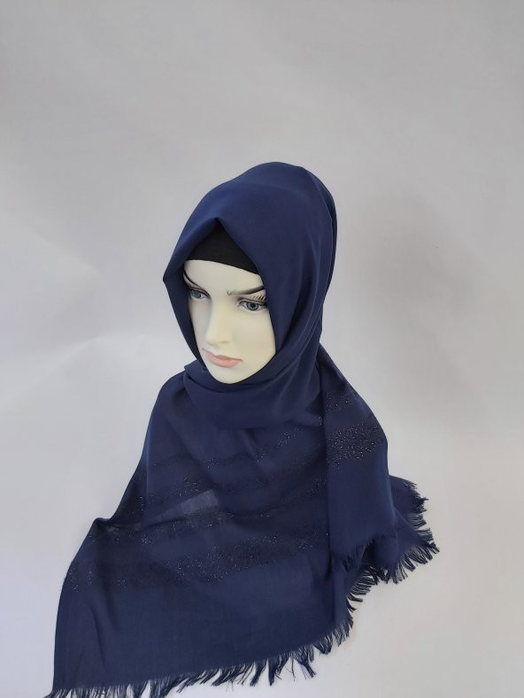 Desenli Keten Şal Lacivert B047-112 - 3