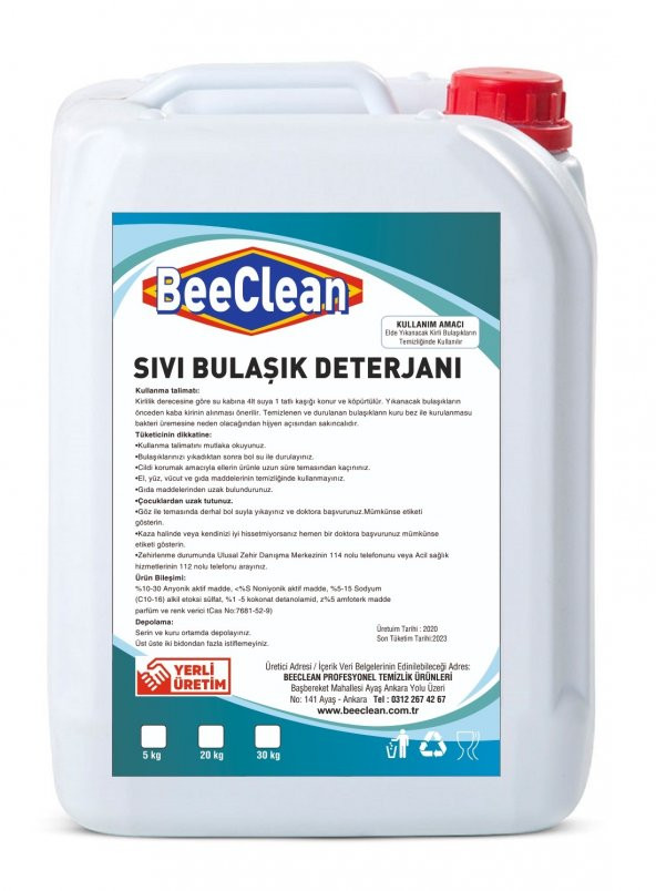 5 Kg BeeClean Ekonomik Bulaşık Deterjanı Sıvı Elde Yıkama
