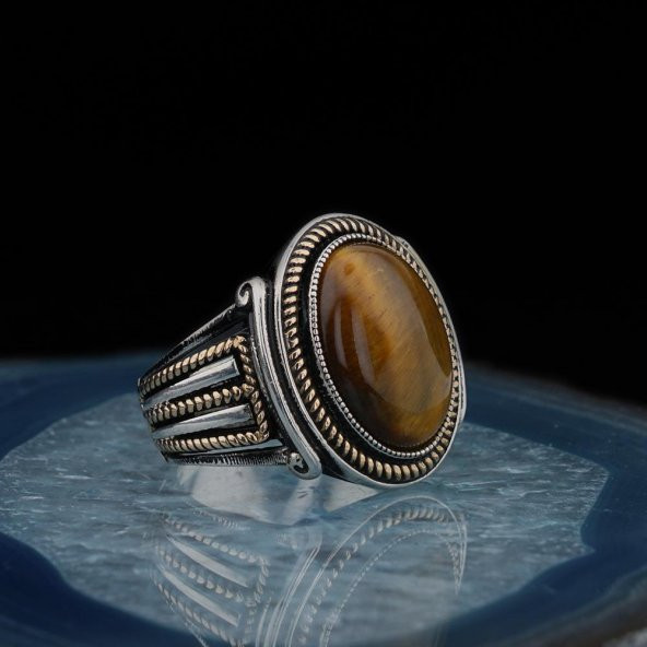 925 Ayar Gümüş Kapan Gözü Taşlı Oval Erkek Yüzük - Resim 2