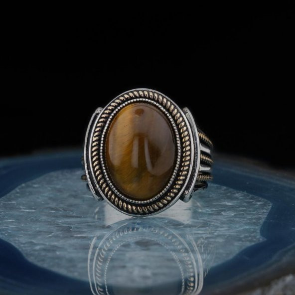 925 Ayar Gümüş Kapan Gözü Taşlı Oval Erkek Yüzük - Resim 3