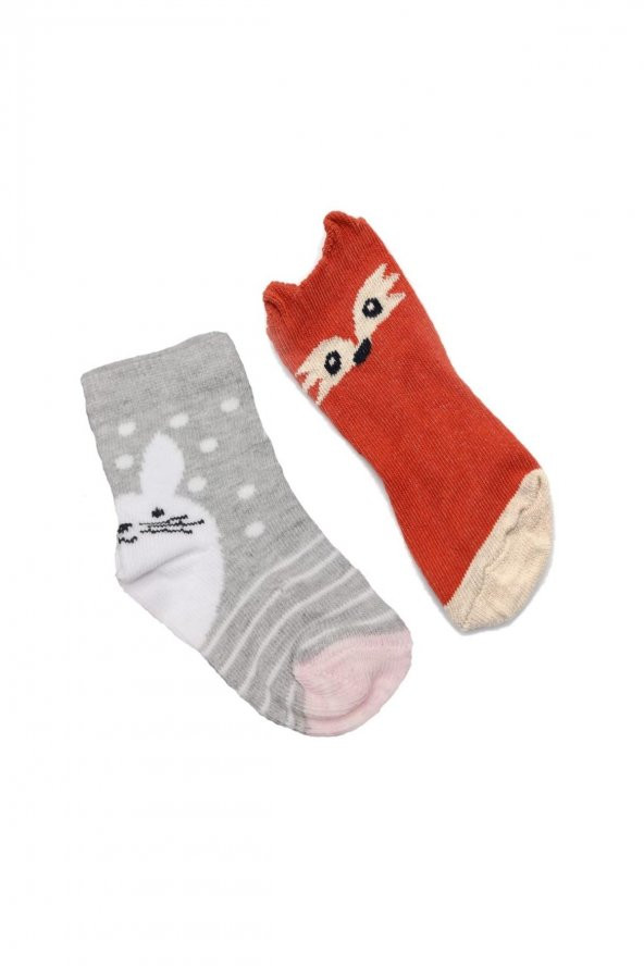 2li Bebek Asortili Tilki ve Tavşan Desenli Çocuk Çorap 161734-B2