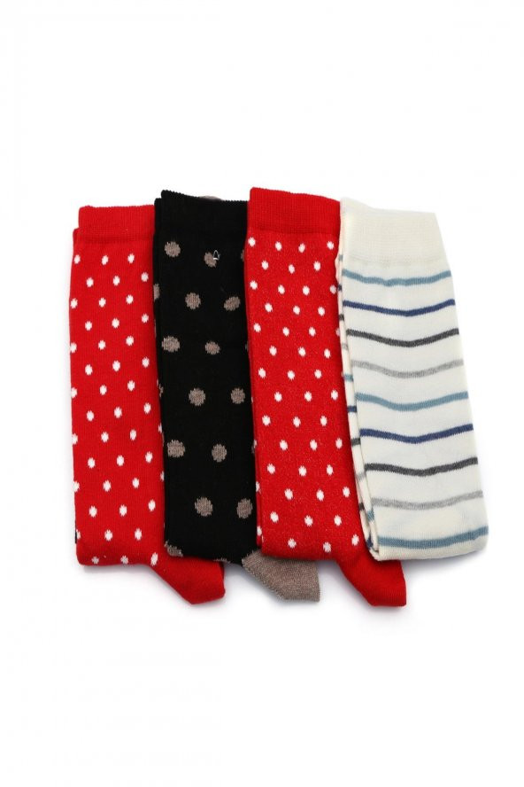 4lü Kadın Asortili Kurabiye Adam&Kız ve Puanlı,Çizgili Desenli Çorap 3064-B4