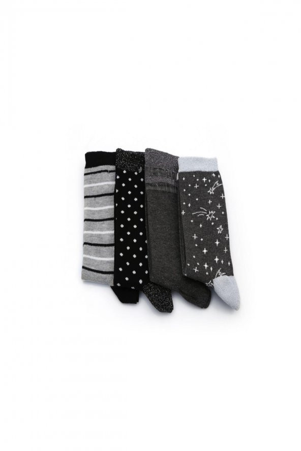 4lü Kadın Asortili Puanlı,Çizgili ve File Desenli Çorap 402-B4