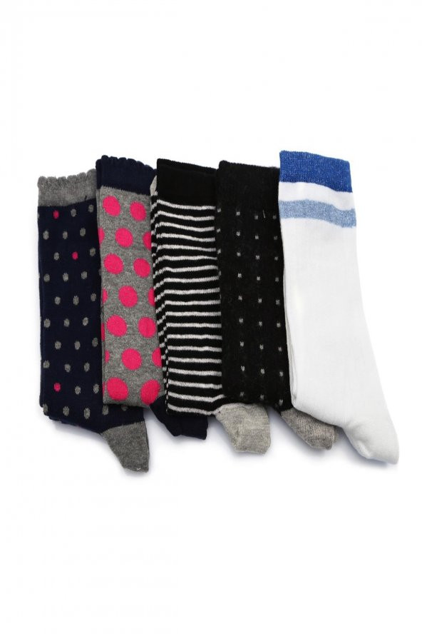 5li Kadın Asortili Puanlı ve Çizgili Desenli Çorap 5932-B5