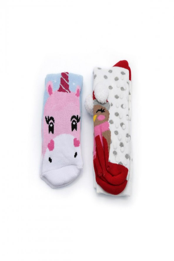 2li Kız Çocuk Asortili Atkı-Bereli Kuş ve Unicorn Desenli Havlu Çorap 6031-B2