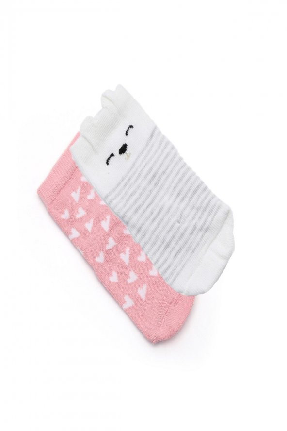 2li Bebek Asortili Kedi ve Kalp Desenli Çorap 7575-B2