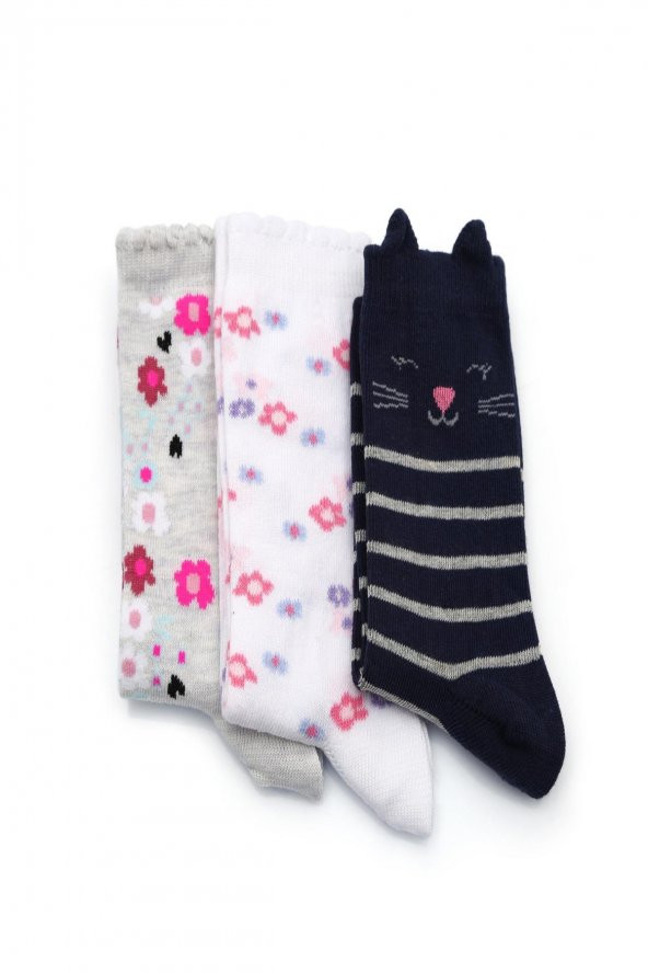 3lü Kız Çocuk Asortili Kedi ve Çiçek Desenli Çorap 8200-B3