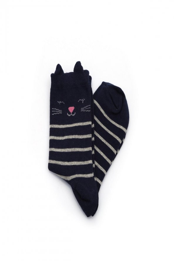 3lü Kız Çocuk Asortili Kedi ve Çiçek Desenli Çorap 8200-B3 - 7