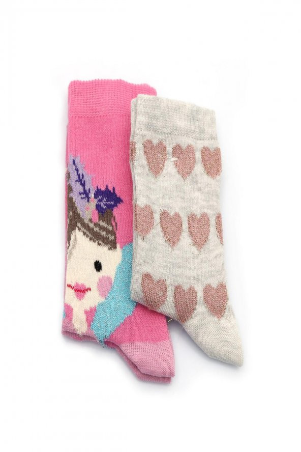 2'li Kız Çocuk Asortili Melek ve Simli Kalp Desenli Çorap 9931-B2