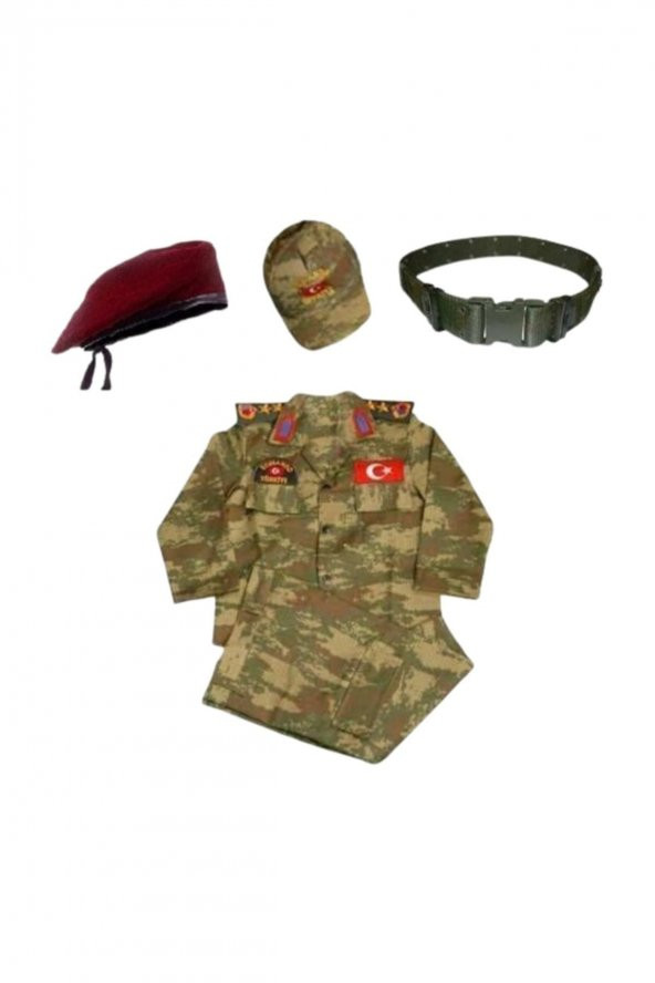 (5 Parça ) Bordo Bereli Erkek Çocuk Asker Komando Kıyafeti