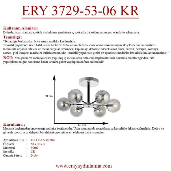 Eray Aydınlatma Topaç 6 lı Krom Avize - Resim 4