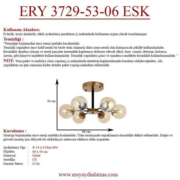 Eray Aydınlatma Topaç 6 Lı Eskitme Avize - 4
