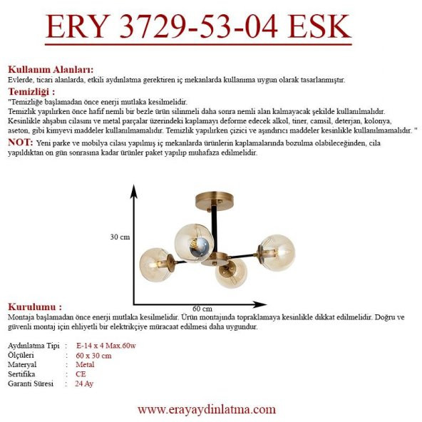 Eray Aydınlatma Topaç 4 lü Eskitme Avize - Resim 4