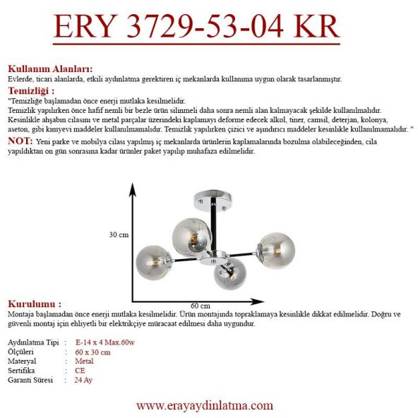 Eray Aydınlatma Topaç 4 lü Krom Avize - Resim 4