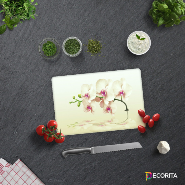 DECORITA Cam Kesme Tahtası - Krem Orkide Desen