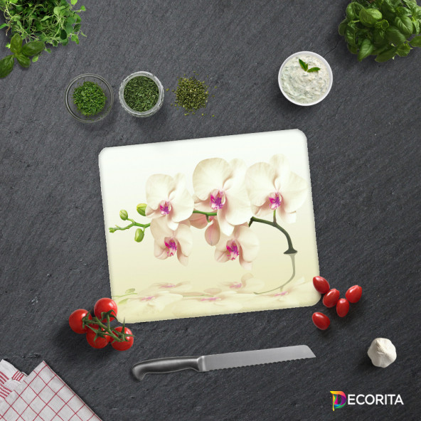 DECORITA Cam Kesme Tahtası - Krem Orkide Desen - 2