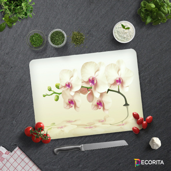 DECORITA Cam Kesme Tahtası - Krem Orkide Desen - 3