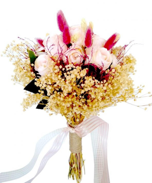 Gelin Buketi Düğün Çiçeği Yapay-Gerçek Çiçek Pudra Gül Demeti