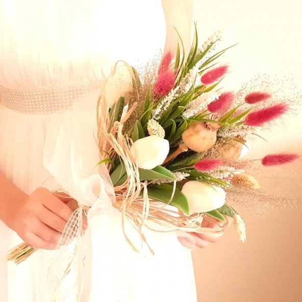 Gelin Buketi Düğün Çiçeği Yapay-Gerçek Çiçek Beyaz Lale Demeti