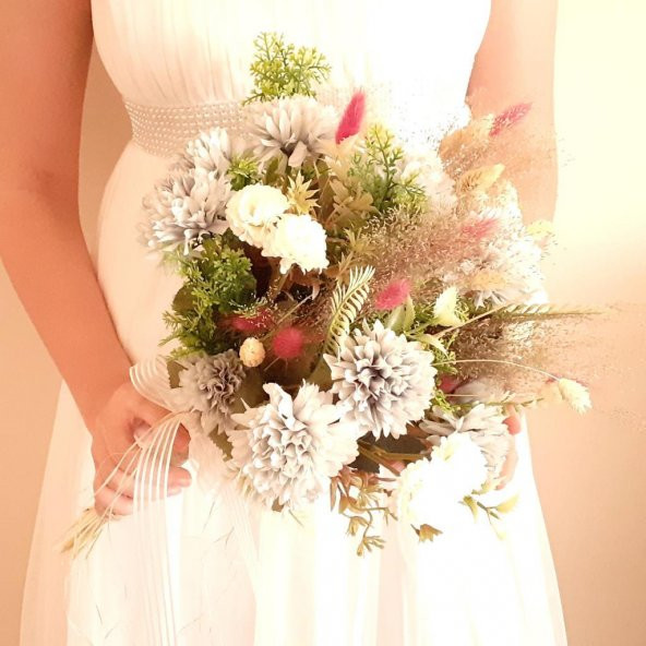Gelin Buketi Düğün Çiçeği Yapay-Gerçek Çiçek Mavi Karanfil Demeti