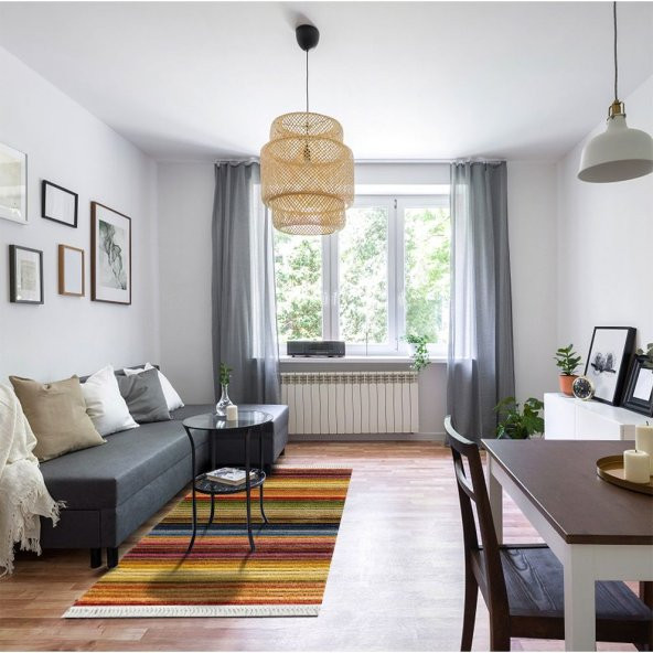 Baskılı Kilim Tüylü Halı Görünümlü Enine Şeritli Çok Renkli - 2