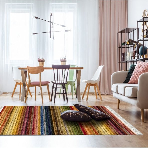 Baskılı Kilim Tüylü Halı Görünümlü Enine Şeritli Çok Renkli - 3