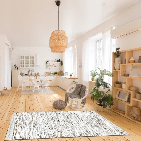 Baskılı Kilim Klasik Çizgili Kahve Haki Bej Renk Krem Zeminli