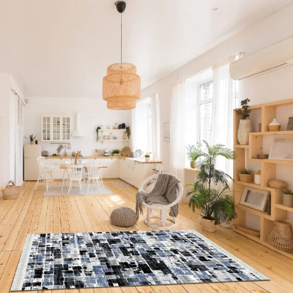 Baskılı Kilim Kare Görünümlü Siyah Füme Mavi Beyaz Zeminli