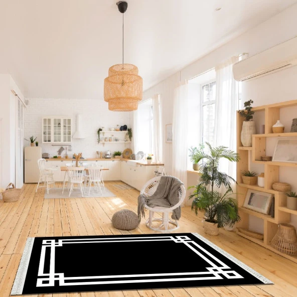 Baskılı Kilim Geometrik Desen Beyaz Çerçeveli Siyah Zeminli