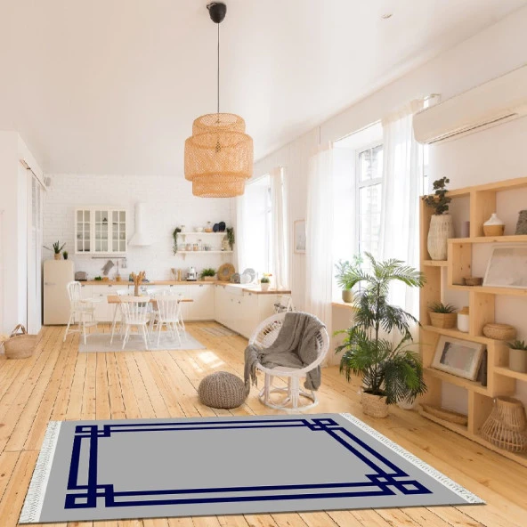 Baskılı Kilim Modern Klasik Çerçeveli Desenli Laci Gri Renkli