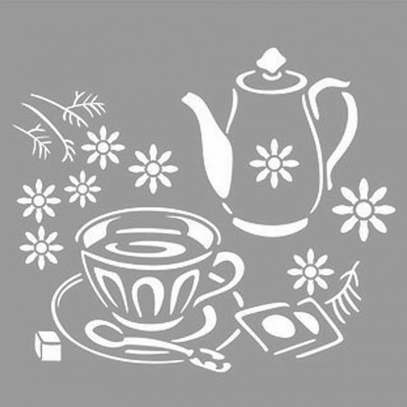 Çay Saati Stencil Boyama şablonu 30x30 cm, Duvar Stencil, Fayans Stencil, Mobilya Stencil