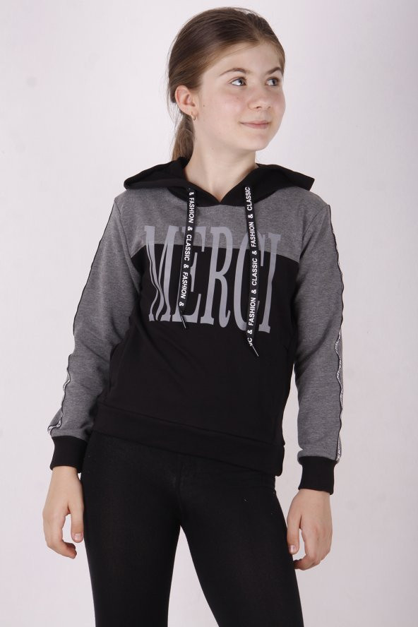 Toontoy Kız Çocuk Merci Baskılı Kapüşonlu Sweatshirt - 6
