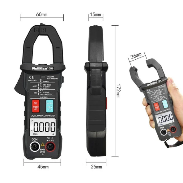 WellHise CM9 600A AC/DC Dijital Otomatik Pensampermetre TRUE RMS - 7