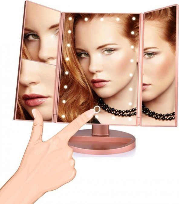 Kapaklı Makyaj Masası Aynası Model Pembe Renkli 180 Derece Ayarlanabilir LED Dokunmatik Ekran