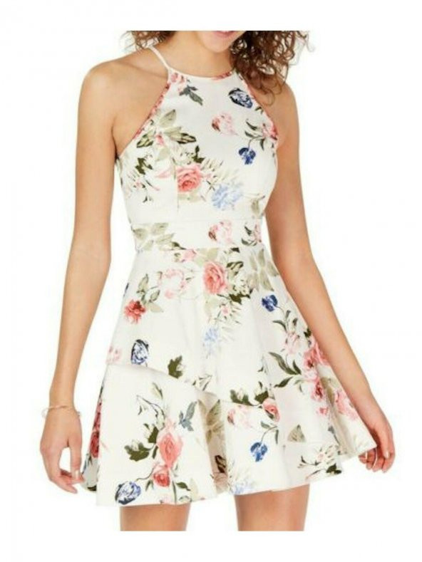 Bej Renk Genç Bayan İvory Floral Fit & Flare, Mini Elbise