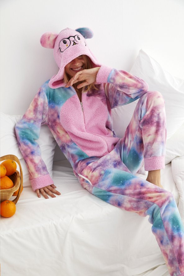 Desenli Fermuar Detaylı Kışlık Kadın Polar Tulum Pijama Takımı- 2 Renk