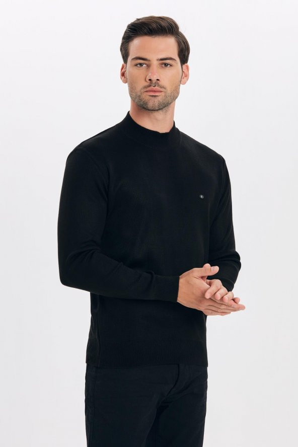 Çizgi Triko Erkek Triko Kazak Yarım Balıkçı Yaka Kol Detaylı Düz Renk - 3