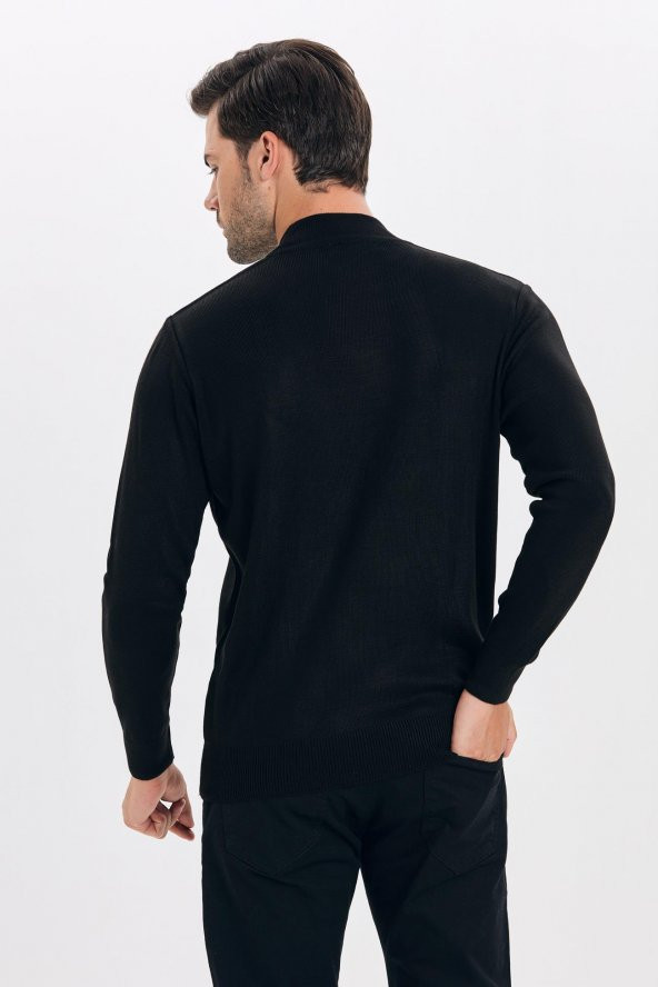 Çizgi Triko Erkek Triko Kazak Yarım Balıkçı Yaka Kol Detaylı Düz Renk - 4