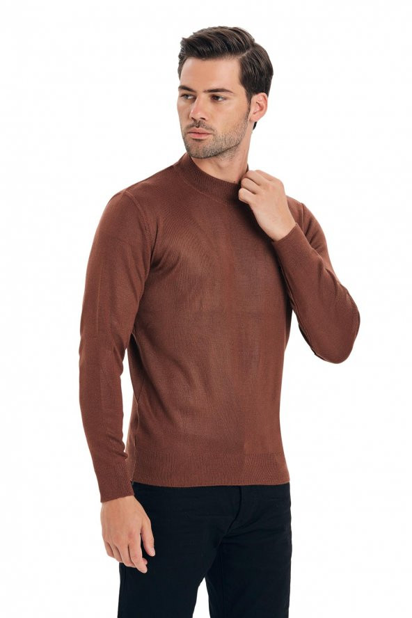 Çizgi Triko Erkek Triko Kazak Yarım Balıkçı Yaka Kol Detaylı Düz Renk - 5