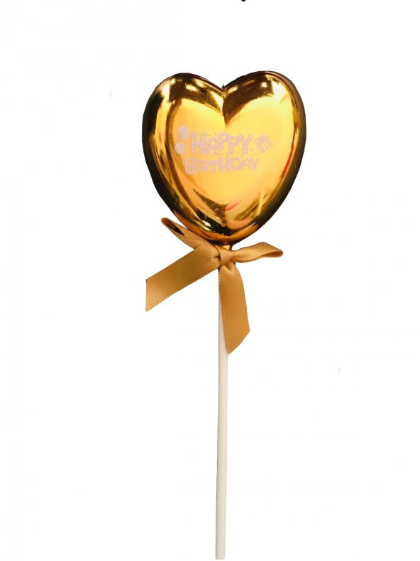 PASTA SÜSÜ PLASTİK KALP HAPPY BİRTHDAY GOLD METALİK 1 ADET 21 CM