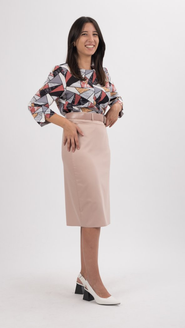 BÜYÜK BEDEN KADIN KALEM ETEK,70 CM BOYUNDA,SORALLİNE,747,PUDRA - 2