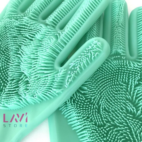 Silikon Bulaşık Yıkama Mutfak Banyo Sihirli Temizlik Eldiveni 1Çift Yeşil Renk - 2