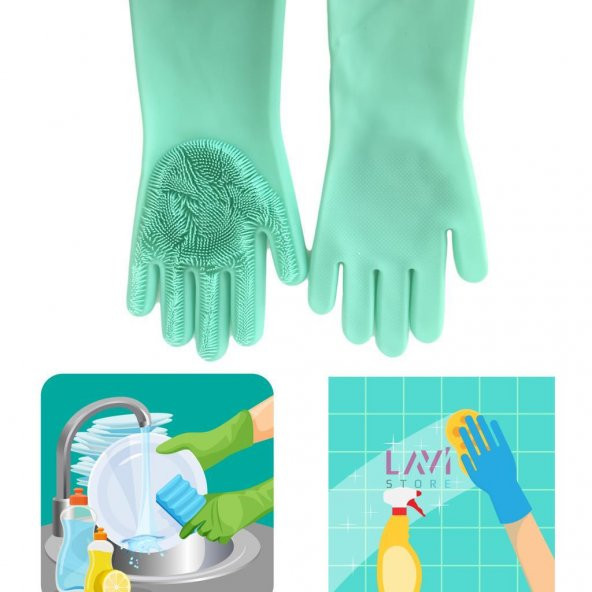Silikon Bulaşık Yıkama Mutfak Banyo Sihirli Temizlik Eldiveni 1Çift Yeşil Renk - 3