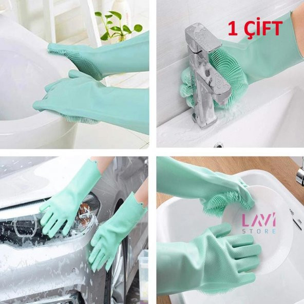 Silikon Bulaşık Yıkama Mutfak Banyo Sihirli Temizlik Eldiveni 1Çift Yeşil Renk - 4