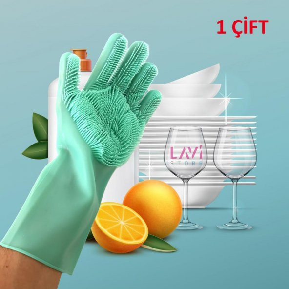 Silikon Bulaşık Yıkama Mutfak Banyo Sihirli Temizlik Eldiveni 1Çift Yeşil Renk - 9