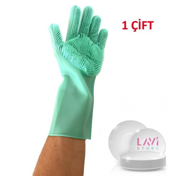 Silikon Bulaşık Yıkama Mutfak Banyo Sihirli Temizlik Eldiveni 1Çift Yeşil Renk - 10